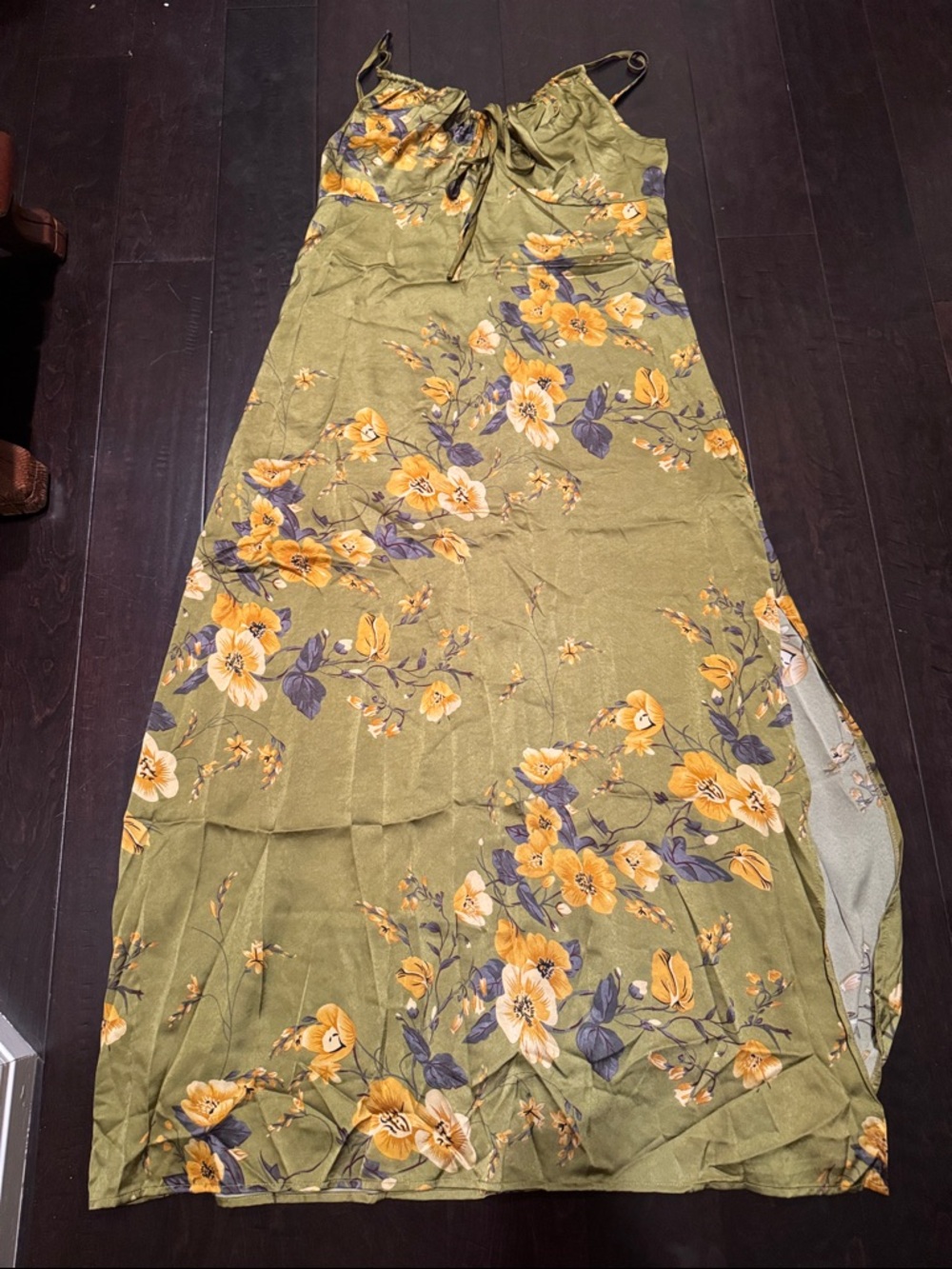Olive Green Floral Slip Dress with Yellow Blooms